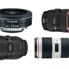Cztery obiektywy Canon: 24mm, 24-70mm, 24-105mm i 70-200mm. Każdy obiektyw standardowy ma swoje unikalne zastosowanie.
