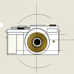Stylizowany aparat fotograficzny z złotym obiektywem. Abstrakcyjna grafika, która może pomóc zrozumieć, czym jest ekspozycja.