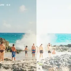 Przeswietlone zdjecie plaży z rozbryzgującą się falą. Po lewej stronie widać ludzi, po prawej jest niemal biało.