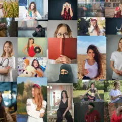 Kobiety w różnych sytuacjach: lekarka, kucharka, studentka, sportsmenka. Fotografia stockowa.