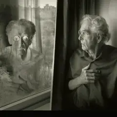 Portret starszego mężczyzny w okularach, odbijającego się w oknie. Obraz przywołuje wspomnienia o znanych fotografach i ich spojrzeniu na świat.