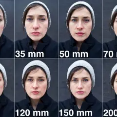 Portret kobiety w ośmiu ujęciach, pokazujący efekt różnej ogniskowej obiektywu. Od szerokiego kąta 22 mm do teleobiektywu 200 mm.