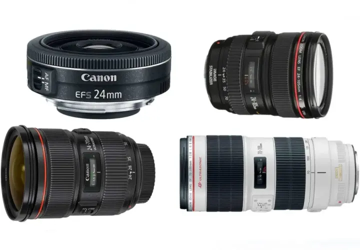 Cztery obiektywy Canon: 24mm, 24-70mm, 24-105mm i 70-200mm. Każdy obiektyw standardowy ma swoje unikalne zastosowanie.
