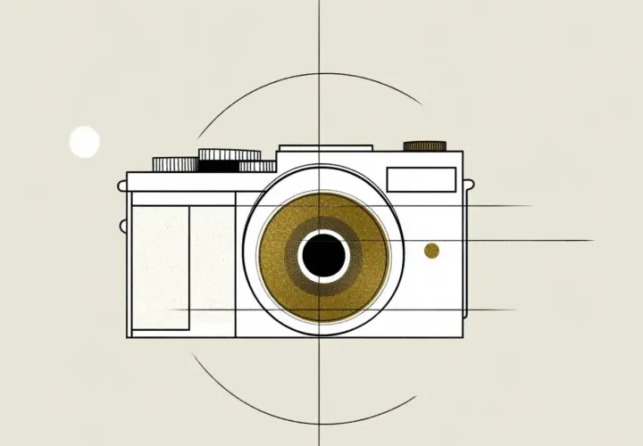 Stylizowany aparat fotograficzny z złotym obiektywem. Abstrakcyjna grafika, która może pomóc zrozumieć, czym jest ekspozycja.