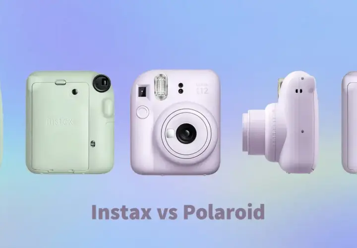 Kilka aparatów Instax w pastelowych kolorach, porównanie z Polaroidem.