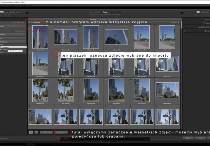 Lightroom poradnik: zaznaczone zdjęcia do importu. Zaznaczenie można wyłączyć lub włączyć.
