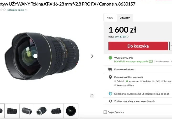 Używany obiektyw Tokina AT-X 16-28 mm f/2.8 PRO FX, idealny do aparatów Canon. Ten szerokokątny obiektyw z mocowaniem EF-S to świetny wybór dla fotografów krajobrazu.