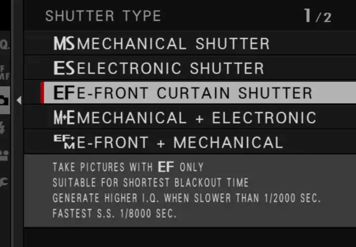 Menu aparatu z opcjami migawki. Wybrana opcja to "EF E-FRONT CURTAIN SHUTTER", która zapewnia najlepszą jakość obrazu (I.Q.) przy krótkich czasach naświetlania.