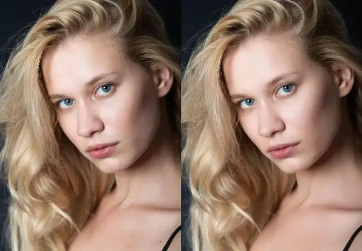 Porównanie zdjęć: przed i po postprodukcji. Widać subtelne zmiany w wygładzeniu skóry i podkreśleniu urody modelki.