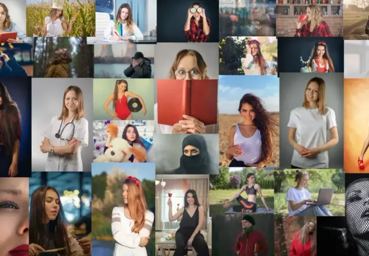 Kobiety w różnych sytuacjach: lekarka, kucharka, studentka, sportsmenka. Fotografia stockowa.