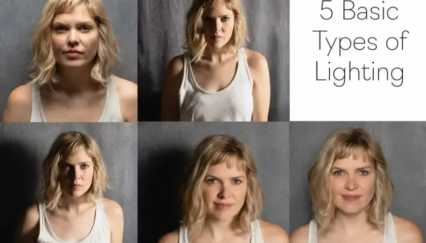 Kobieta prezentuje różne techniki fotograficzne oświetlenia twarzy. Pięć ujęć pokazuje, jak światło wpływa na wyraz twarzy i tworzy cienie.
