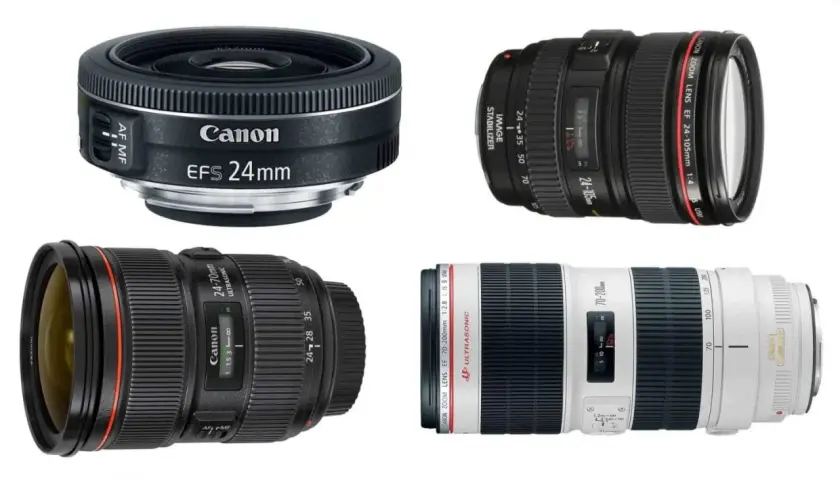 Cztery obiektywy Canon: 24mm, 24-70mm, 24-105mm i 70-200mm. Każdy obiektyw standardowy ma swoje unikalne zastosowanie.