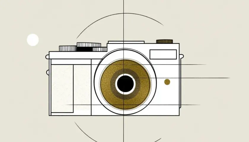 Stylizowany aparat fotograficzny z złotym obiektywem. Abstrakcyjna grafika, która może pomóc zrozumieć, czym jest ekspozycja.
