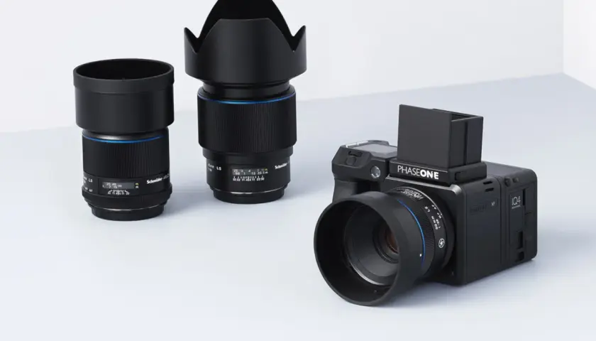 Profesjonalny aparat Phase One XF z dwoma obiektywami Schneider Kreuznach.