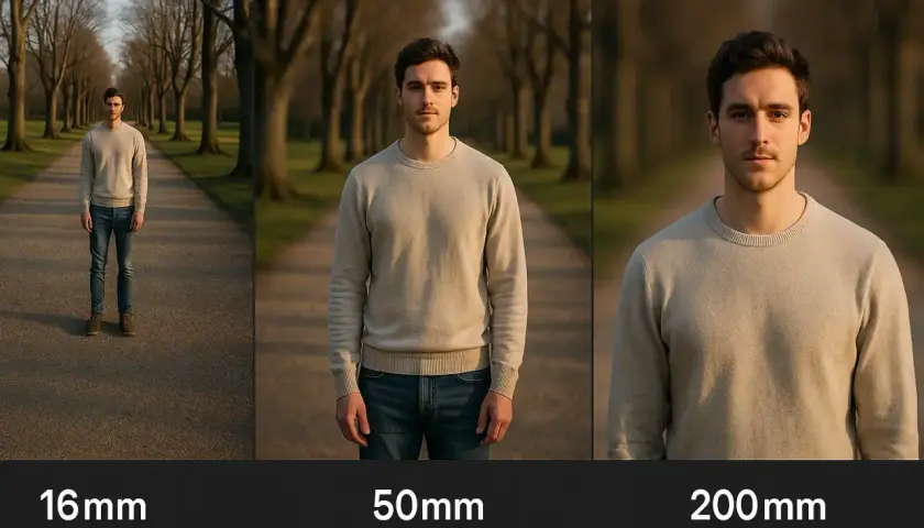 Trzy ujęcia mężczyzny na tle alei drzew, pokazujące efekt obiektywu asferycznego przy ogniskowych 16mm, 50mm i 200mm.