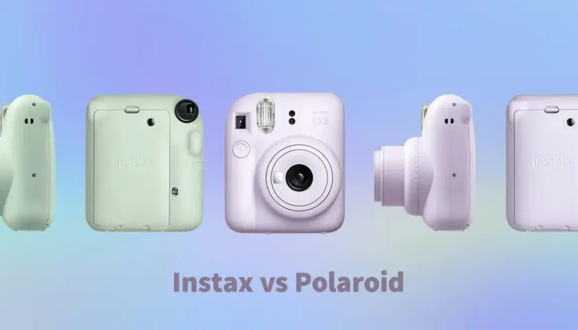 Kilka aparatów Instax w pastelowych kolorach, porównanie z Polaroidem.