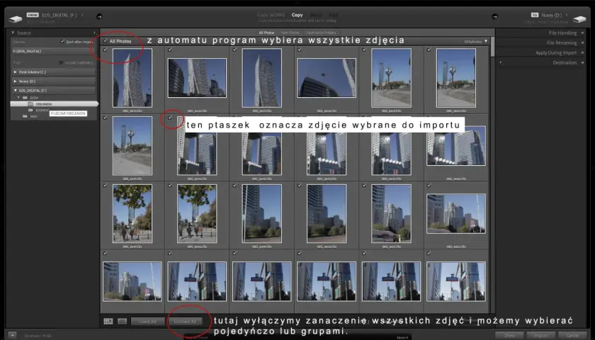 Lightroom poradnik: zaznaczone zdjęcia do importu. Zaznaczenie można wyłączyć lub włączyć.