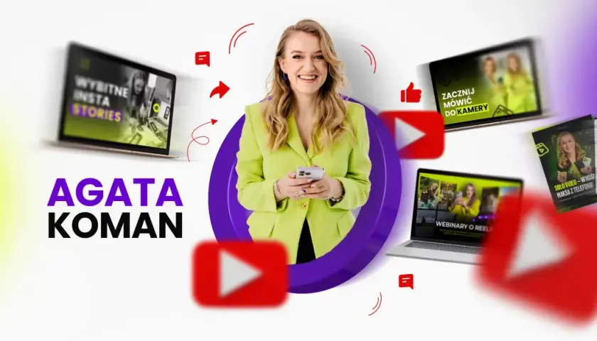 Agata Koman, ekspertka od social mediów, prezentuje swoje kursy online: "Wybitne Insta Stories", "Zacznij mówić do kamery" i "Webinary o Reels".