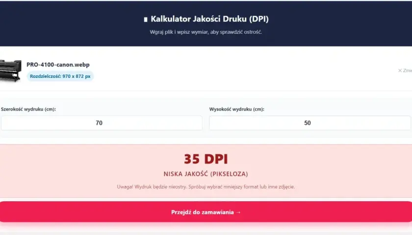 Kalkulator jakości druku (DPI) pokazuje 35 DPI dla wydruku 70x50 cm. Sprawdź, jak sprawdzić DPI dla swojego pliku.