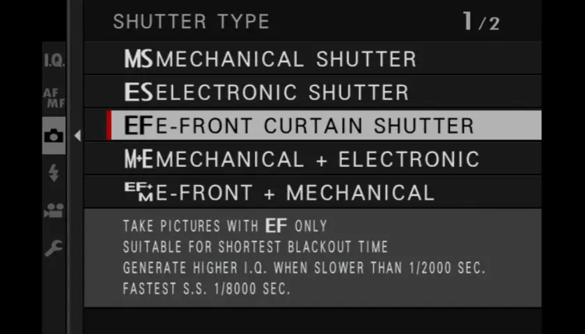 Menu aparatu z opcjami migawki. Wybrana opcja to "EF E-FRONT CURTAIN SHUTTER", która zapewnia najlepszą jakość obrazu (I.Q.) przy krótkich czasach naświetlania.