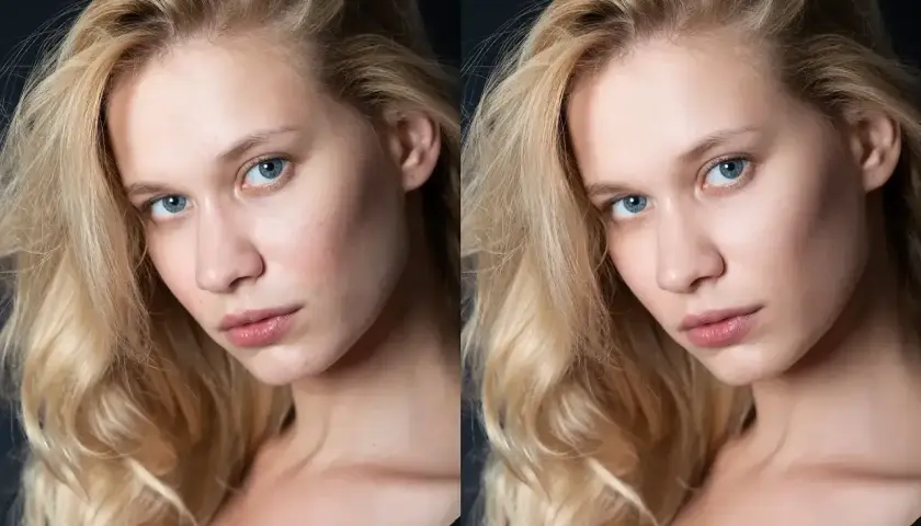Porównanie zdjęć: przed i po postprodukcji. Widać subtelne zmiany w wygładzeniu skóry i podkreśleniu urody modelki.