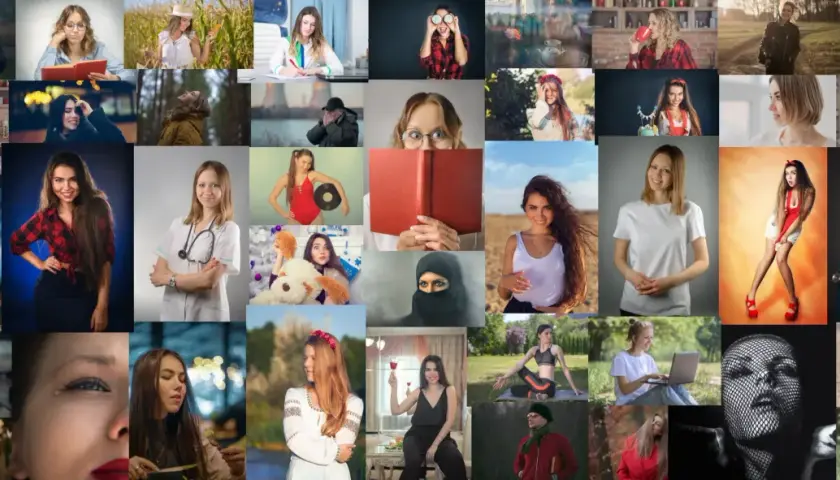Kobiety w różnych sytuacjach: lekarka, kucharka, studentka, sportsmenka. Fotografia stockowa.
