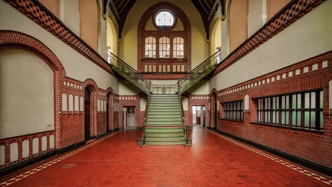 Imponująca klatka schodowa w zabytkowym budynku. Fotografia architektury z czerwonej cegły, zielonymi stopniami i ozdobnymi balustradami.
