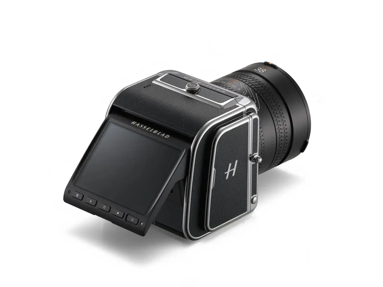 Elegancki aparat Hasselblad 907X z obiektywem 38mm, uchylnym ekranem i charakterystycznym logo "H".