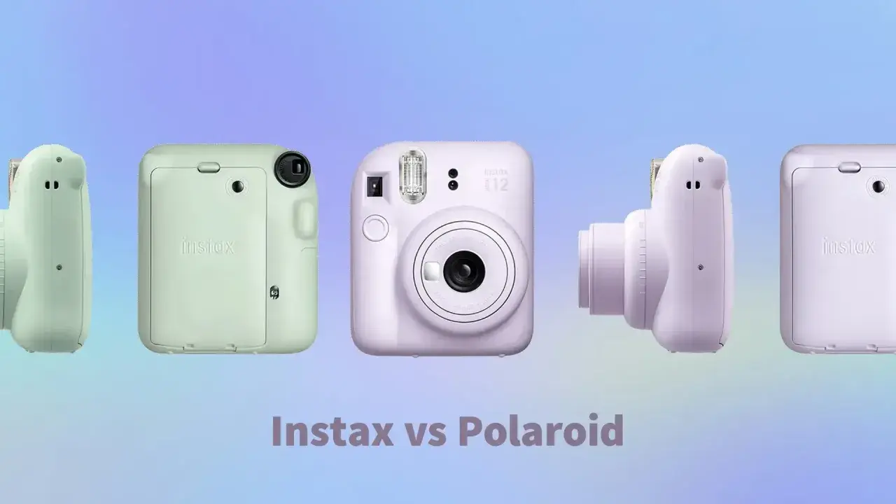 Kilka aparatów Instax w pastelowych kolorach, porównanie z Polaroidem.