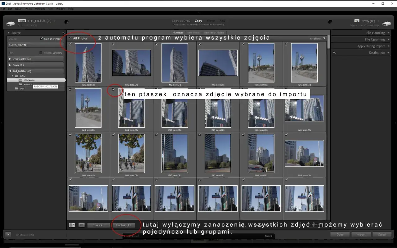 Lightroom poradnik: zaznaczone zdjęcia do importu. Zaznaczenie można wyłączyć lub włączyć.