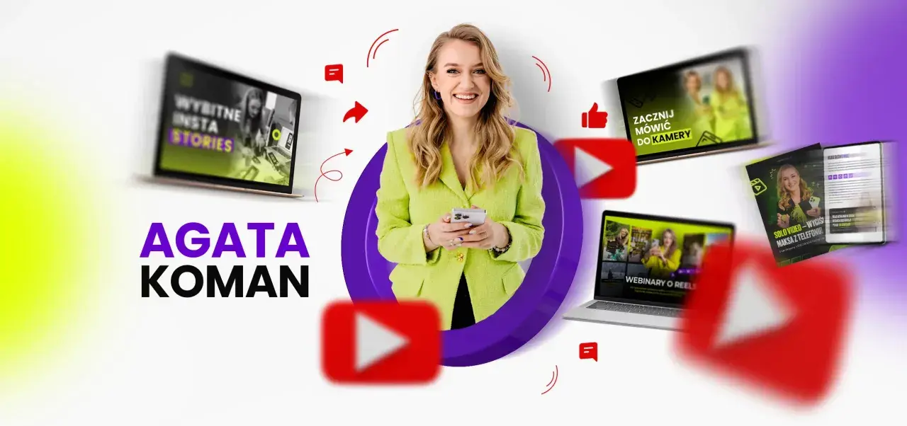 Agata Koman, ekspertka od social mediów, prezentuje swoje kursy online: "Wybitne Insta Stories", "Zacznij mówić do kamery" i "Webinary o Reels".