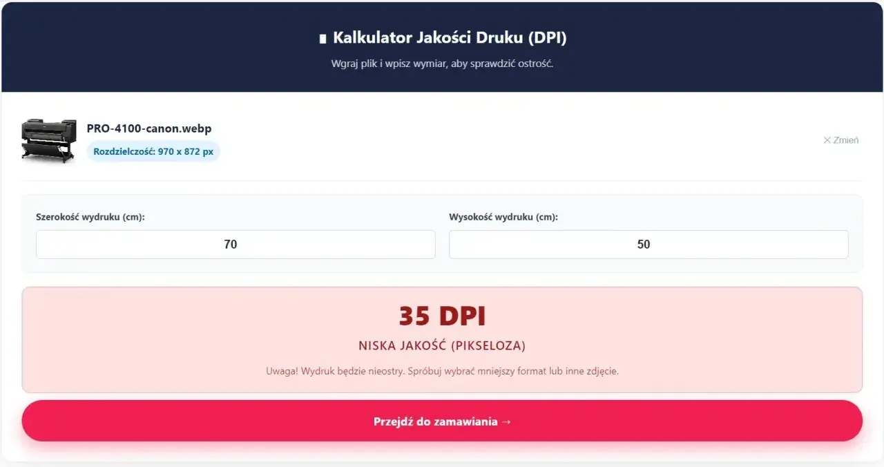 Kalkulator jakości druku (DPI) pokazuje 35 DPI dla wydruku 70x50 cm. Sprawdź, jak sprawdzić DPI dla swojego pliku.