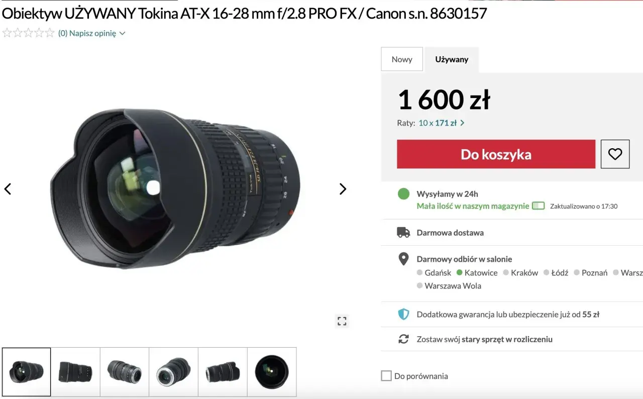 Używany obiektyw Tokina AT-X 16-28 mm f/2.8 PRO FX, idealny do aparatów Canon. Ten szerokokątny obiektyw z mocowaniem EF-S to świetny wybór dla fotografów krajobrazu.
