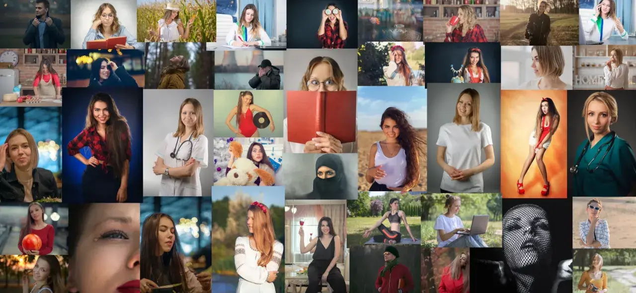 Kobiety w różnych sytuacjach: lekarka, kucharka, studentka, sportsmenka. Fotografia stockowa.