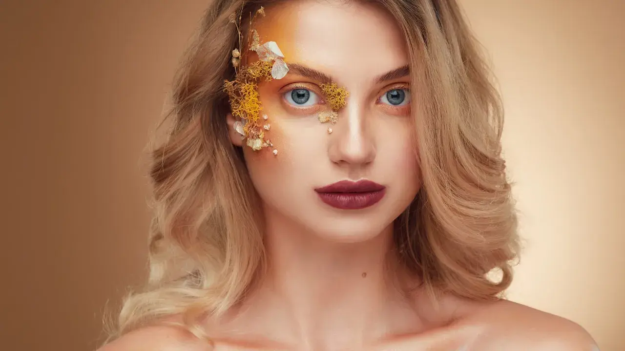 Fotografia beauty: kobieta z niebieskimi oczami i artystycznym makijażem z elementami natury.