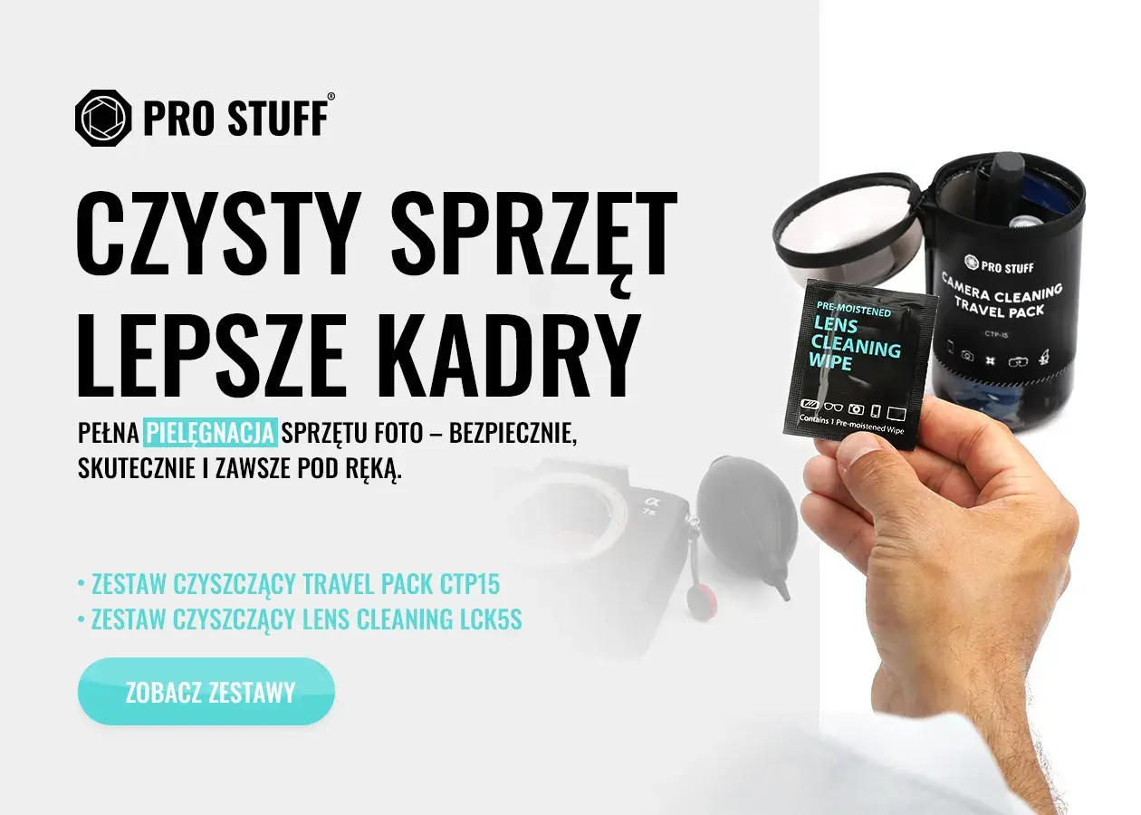 Dłoń trzyma chusteczkę do czyszczenia obiektywu. Zestaw PRO STUFF zapewnia czysty sprzęt i lepsze kadry.