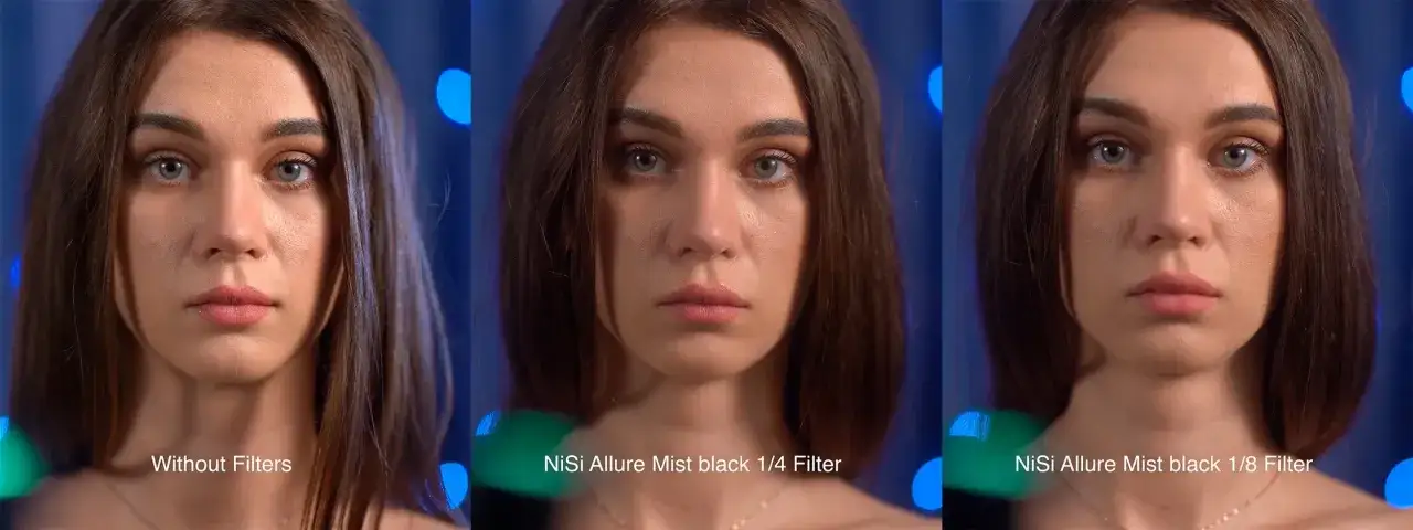 Trzy portrety tej samej kobiety. Po lewej bez filtra, pośrodku z filtrem black mist 1/4, po prawej z filtrem black mist 1/8.