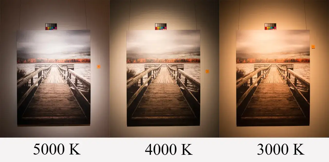Trzy obrazy mola na tle jesiennego krajobrazu, każdy z innym balansem bieli: 5000 K, 4000 K i 3000 K.