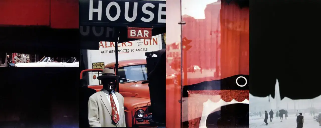 Ulica w stylu Saul Leiter: mężczyzna w kapeluszu pali papierosa przed ciężar&oacute;wką, biały kabriolet, szyld 