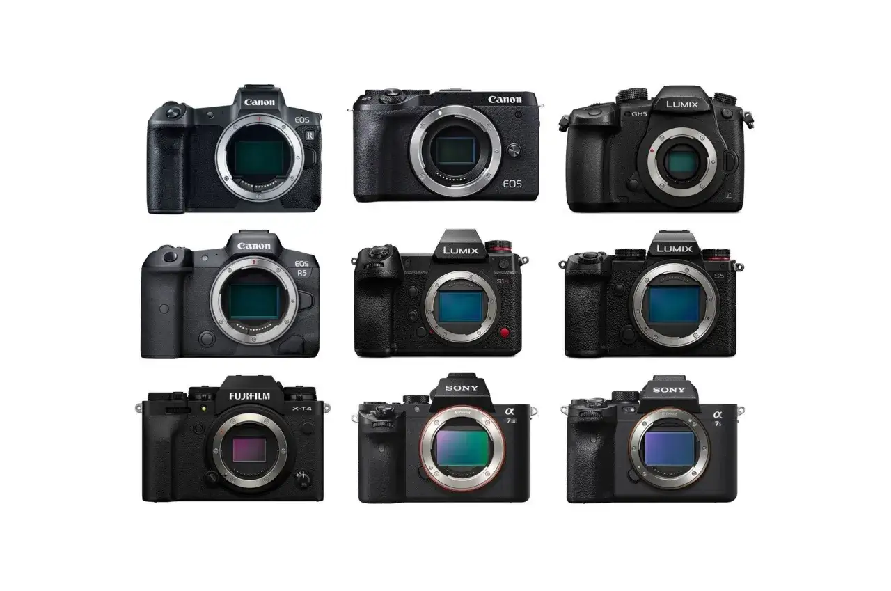 Dziewięć aparat&oacute;w bezlusterkowych: Canon EOS R, R5, Lumix GH5, S1H, S5, Fujifilm X-T4 i Sony Alpha 7 III, 7s. Konkurent Canona w całej okazałości.