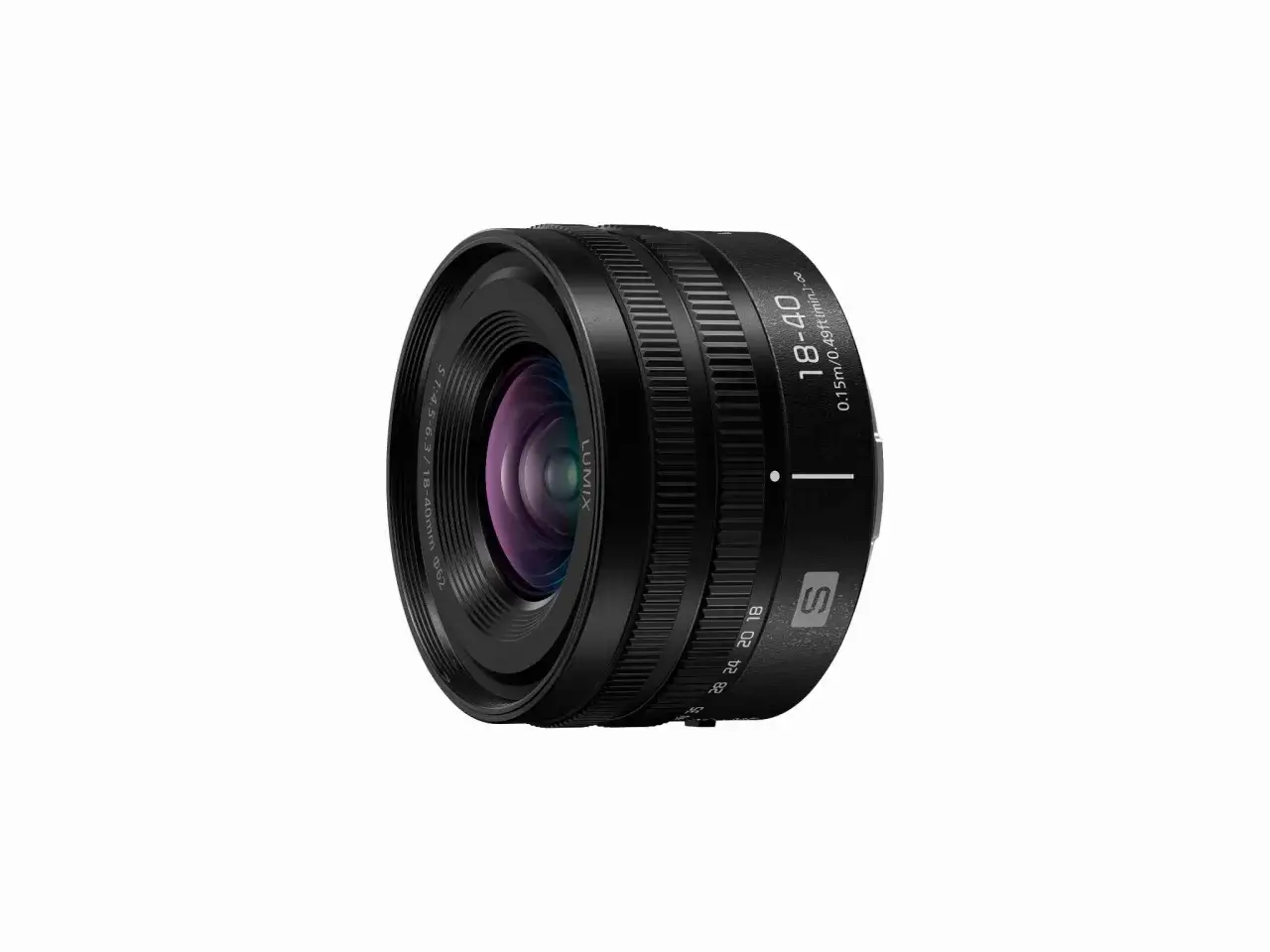 Czarny obiektyw Lumix 18-40mm z oznaczeniami przysłony i odległości. Idealny do wszechstronnych zastosowań.
